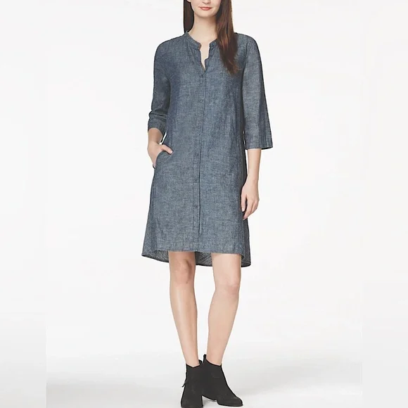 Eileen Fisher | Dresses | Eileen Fisher Hemp Organic Cotton Mandarin Collar  34 Sleeve Denim Shirt Dress M | Poshmark